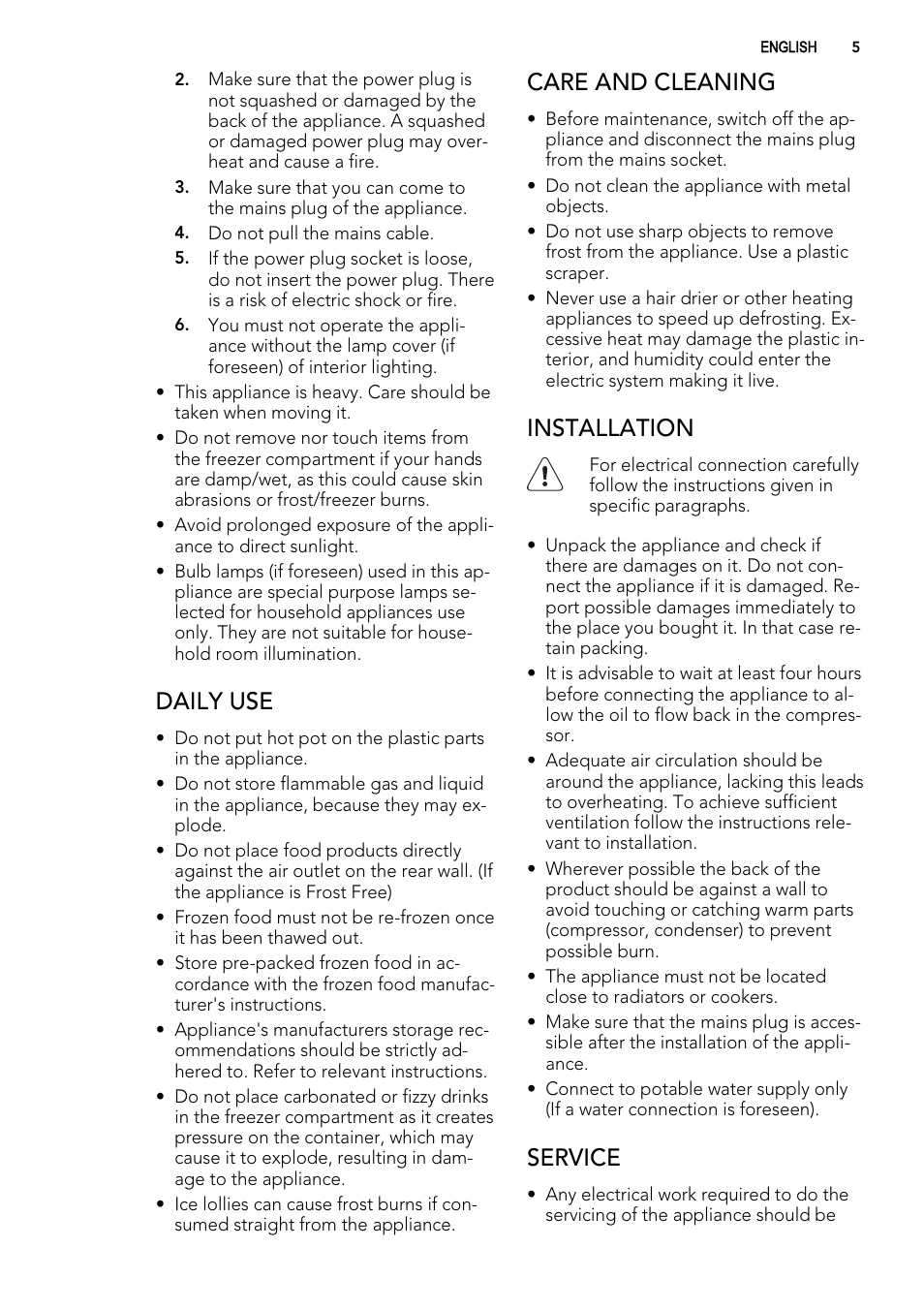 Daily use, Care and cleaning, Installation | Service | AEG A72010GNX0 User Manual | Page 5 / 24