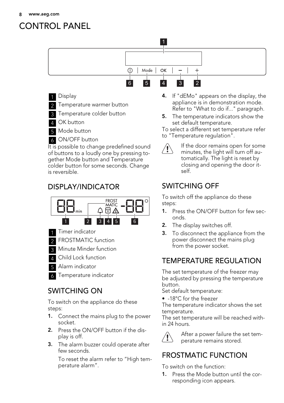 Control panel, Display/indicator, Switching on | Switching off, Temperature regulation, Frostmatic function | AEG A72010GNX0 User Manual | Page 8 / 24