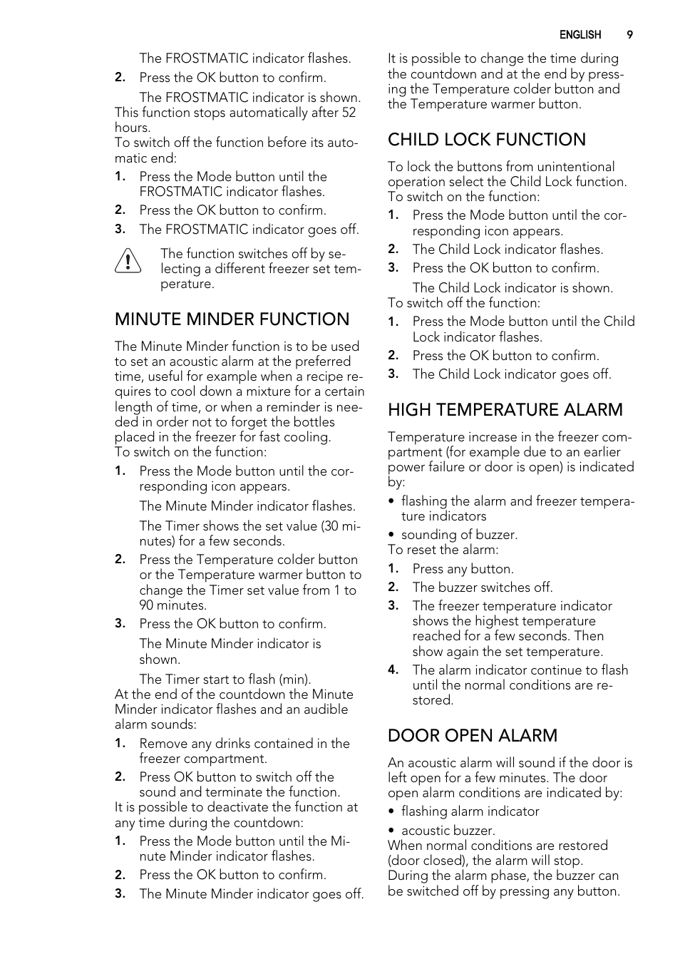 Minute minder function, Child lock function, High temperature alarm | Door open alarm | AEG A72010GNX0 User Manual | Page 9 / 24
