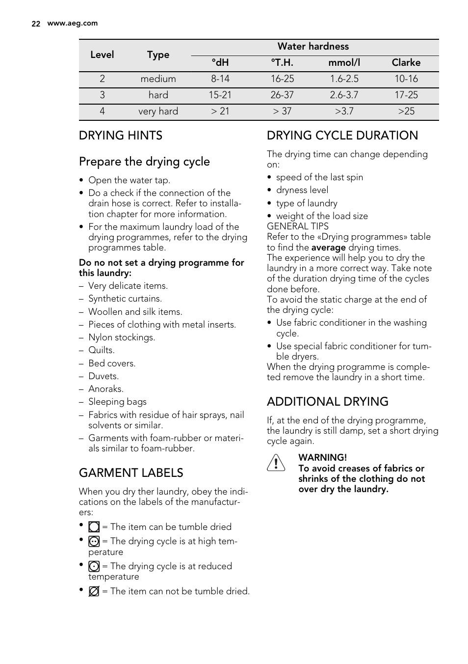 Drying hints prepare the drying cycle, Garment labels, Drying cycle duration | Additional drying | AEG L61470WDBI User Manual | Page 22 / 40