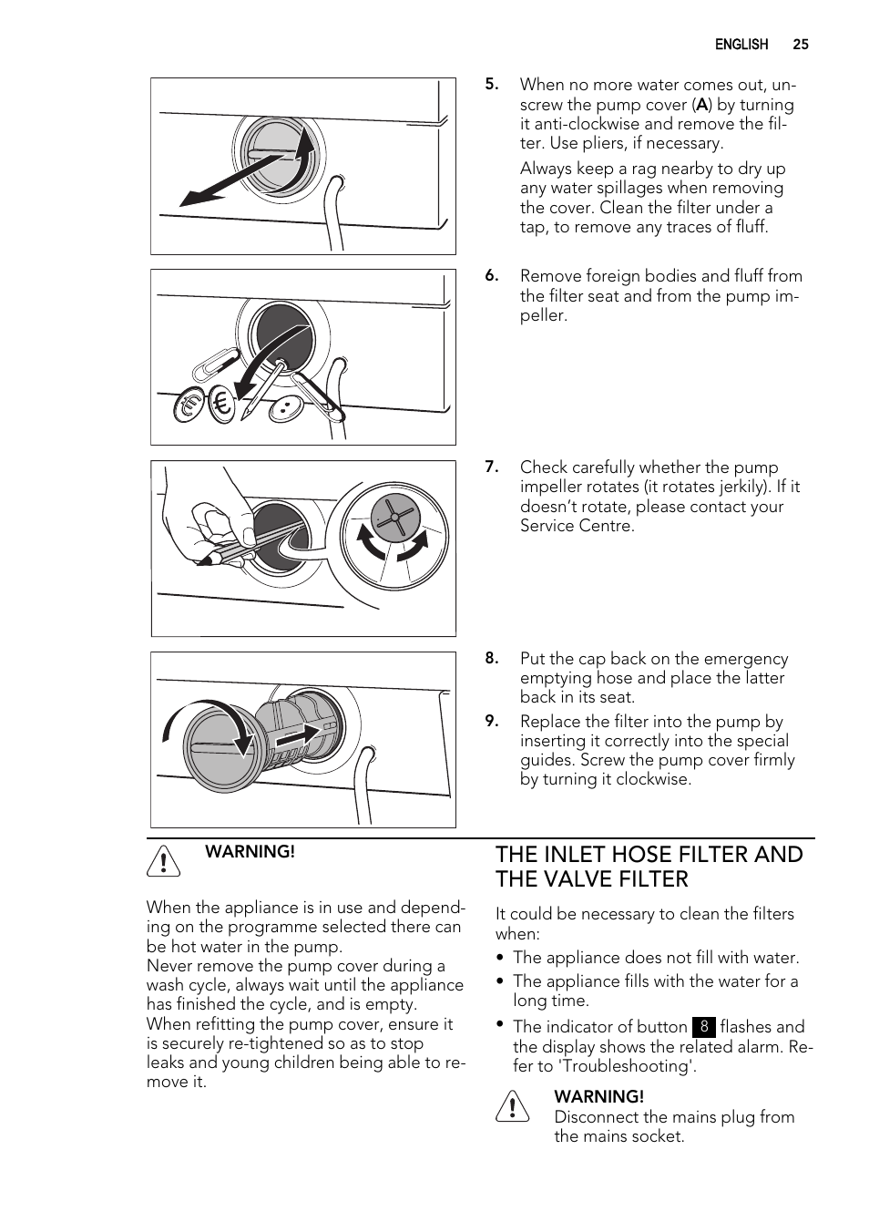 The inlet hose filter and the valve filter | AEG L61470WDBI User Manual | Page 25 / 40