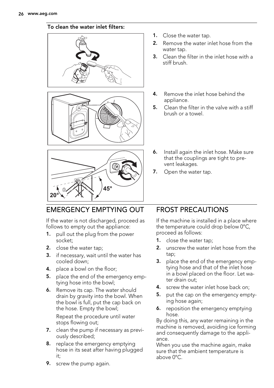 Emergency emptying out, Frost precautions | AEG L61470WDBI User Manual | Page 26 / 40