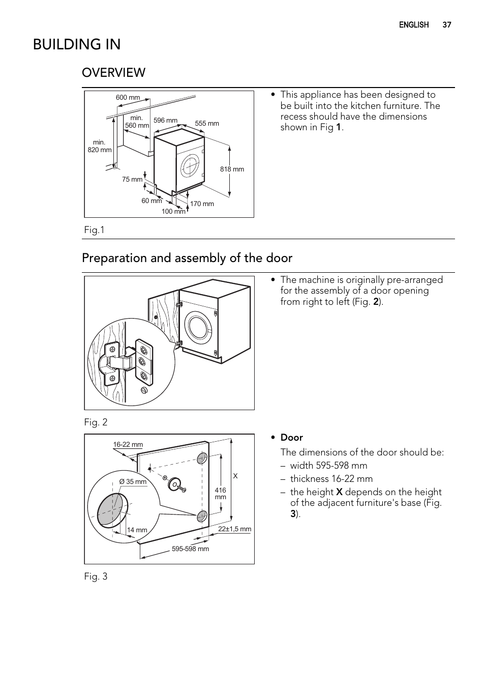 Building in, Overview, Preparation and assembly of the door | AEG L61470WDBI User Manual | Page 37 / 40