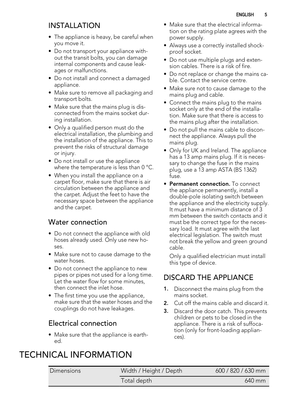 Technical information, Installation, Water connection | Electrical connection, Discard the appliance | AEG L61470WDBI User Manual | Page 5 / 40