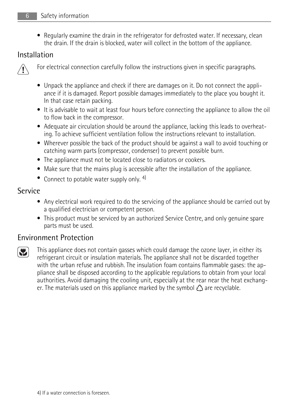 Installation, Service, Environment protection | AEG SCT51800S0 User Manual | Page 6 / 24