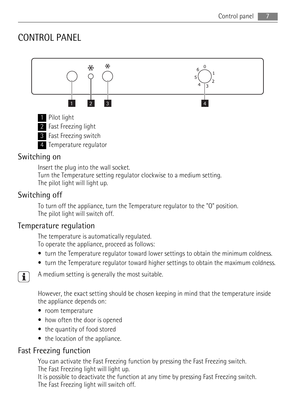 Control panel, Switching on, Switching off | Temperature regulation, Fast freezing function | AEG SCT51800S0 User Manual | Page 7 / 24