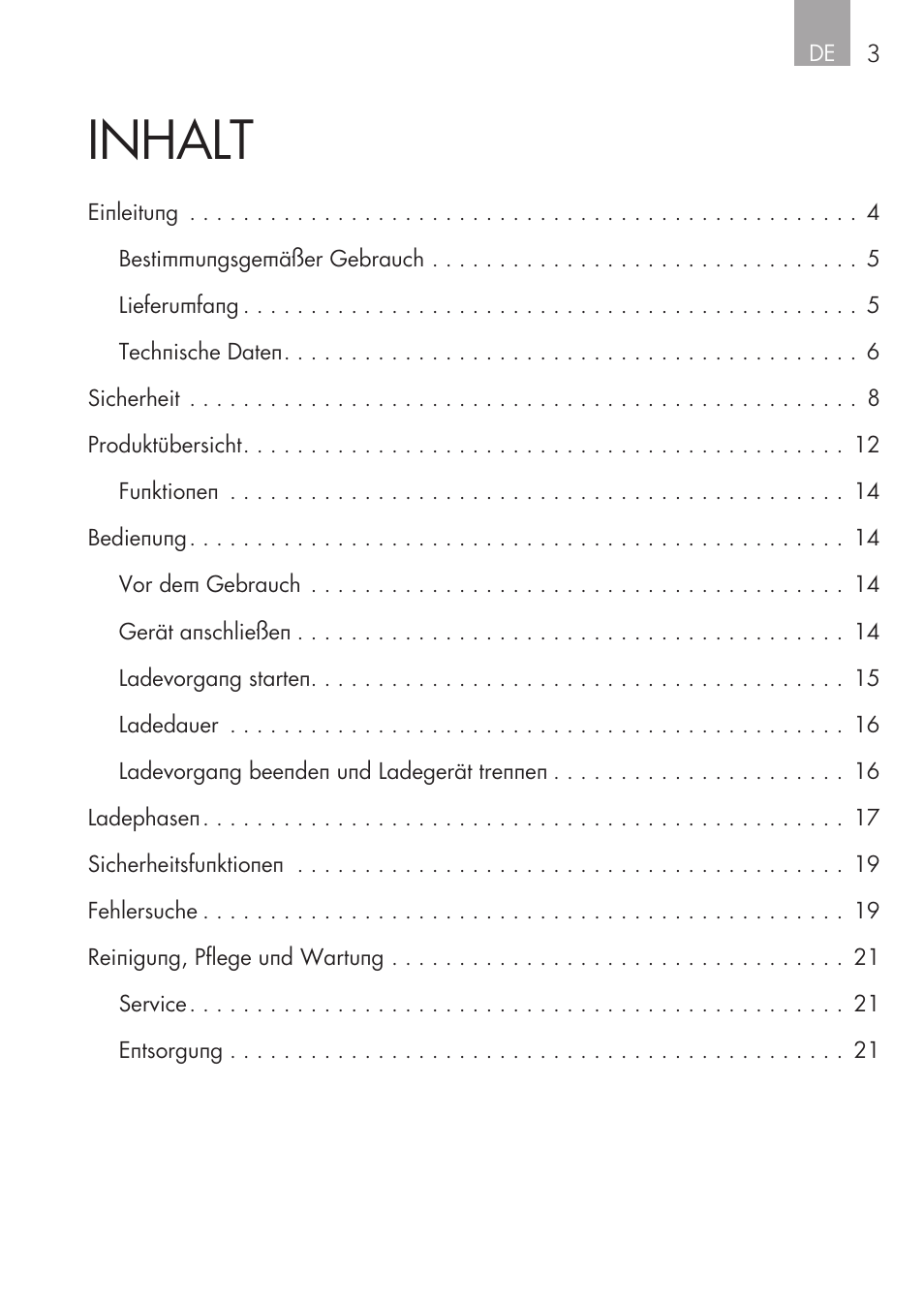 Inhalt | AEG CHARGING UNIT LM 1.5 User Manual | Page 3 / 124