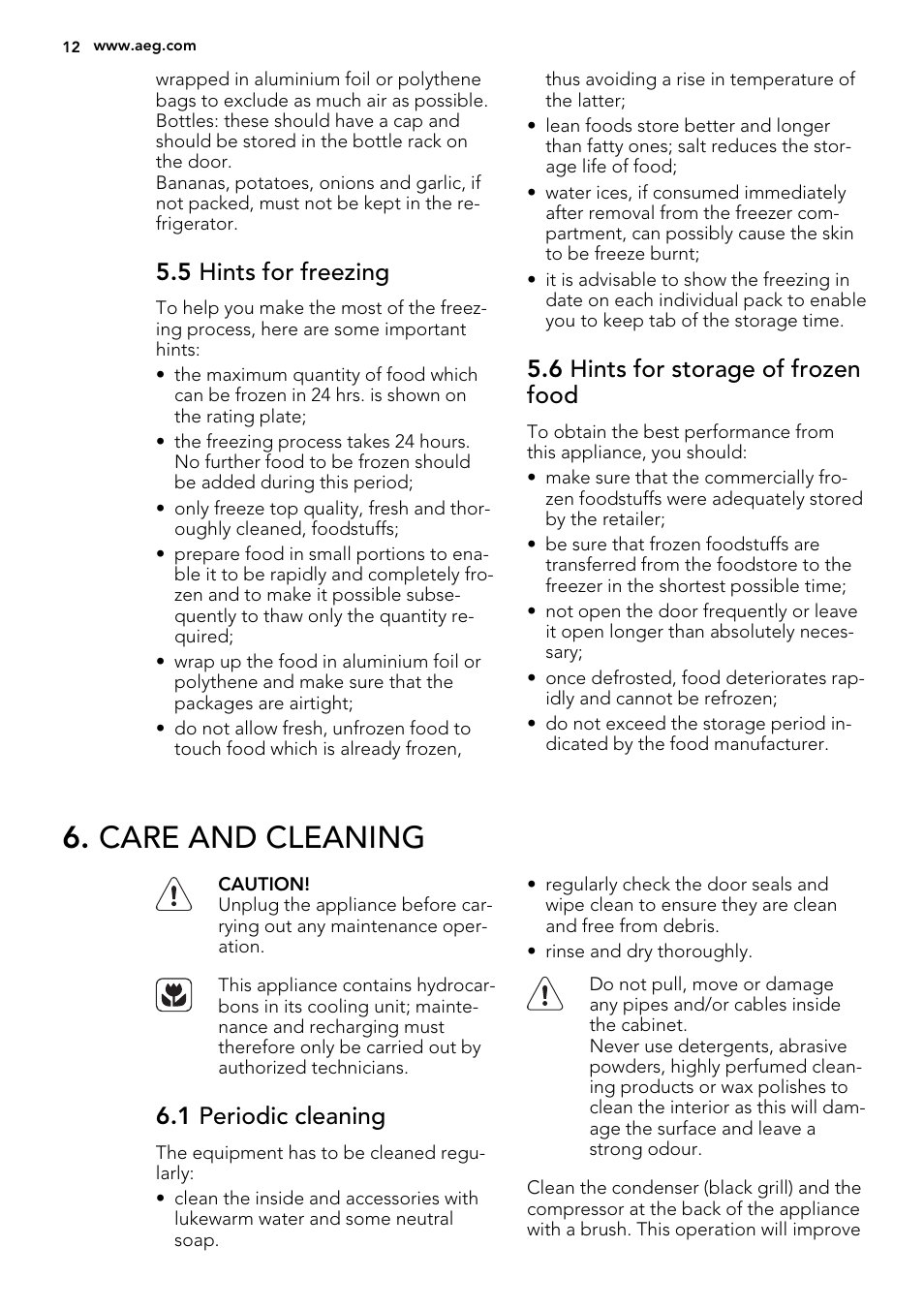 Care and cleaning, 5 hints for freezing, 6 hints for storage of frozen food | 1 periodic cleaning | AEG S83200CMW0 User Manual | Page 12 / 20