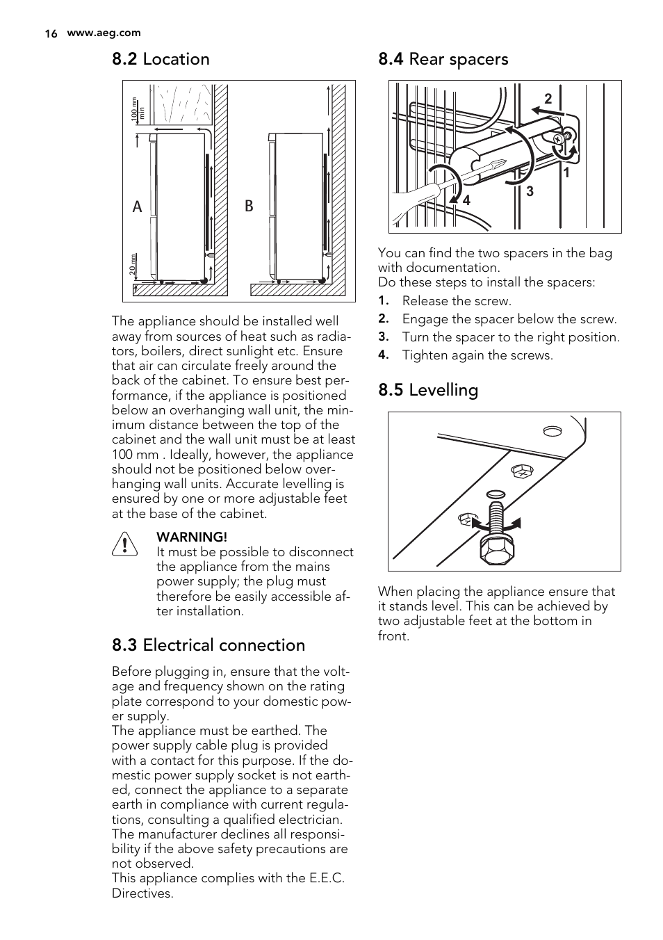 2 location, 3 electrical connection, 4 rear spacers | 5 levelling | AEG S83200CMW0 User Manual | Page 16 / 20