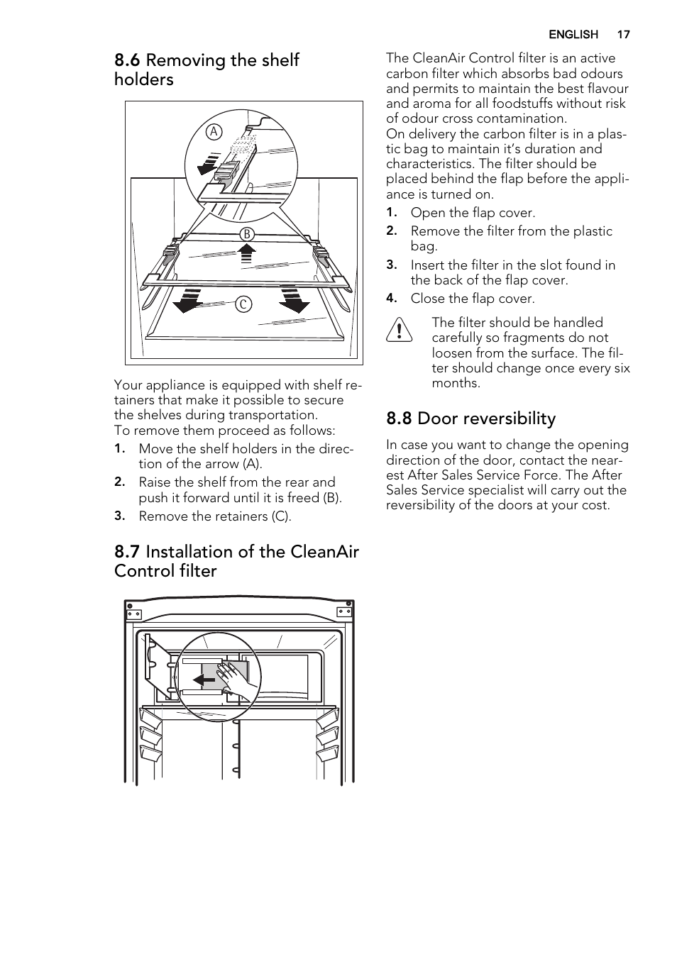 6 removing the shelf holders, 7 installation of the cleanair control filter, 8 door reversibility | AEG S83200CMW0 User Manual | Page 17 / 20
