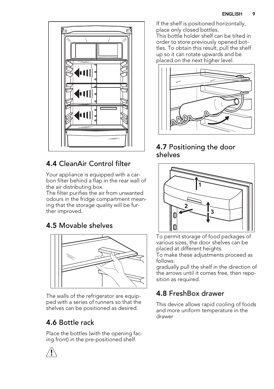 4 cleanair control filter, 5 movable shelves, 6 bottle rack | 7 positioning the door shelves, 8 freshbox drawer | AEG S83200CMW0 User Manual | Page 9 / 20