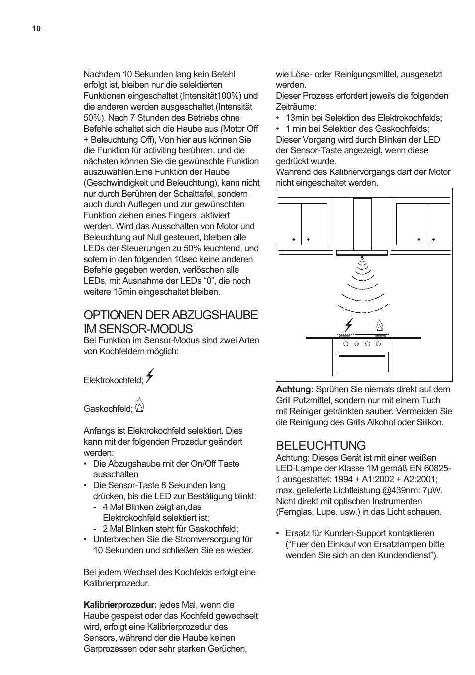 Optionen der abzugshaube im sensor-modus, Beleuchtung | AEG DL7275-M9 User Manual | Page 10 / 72