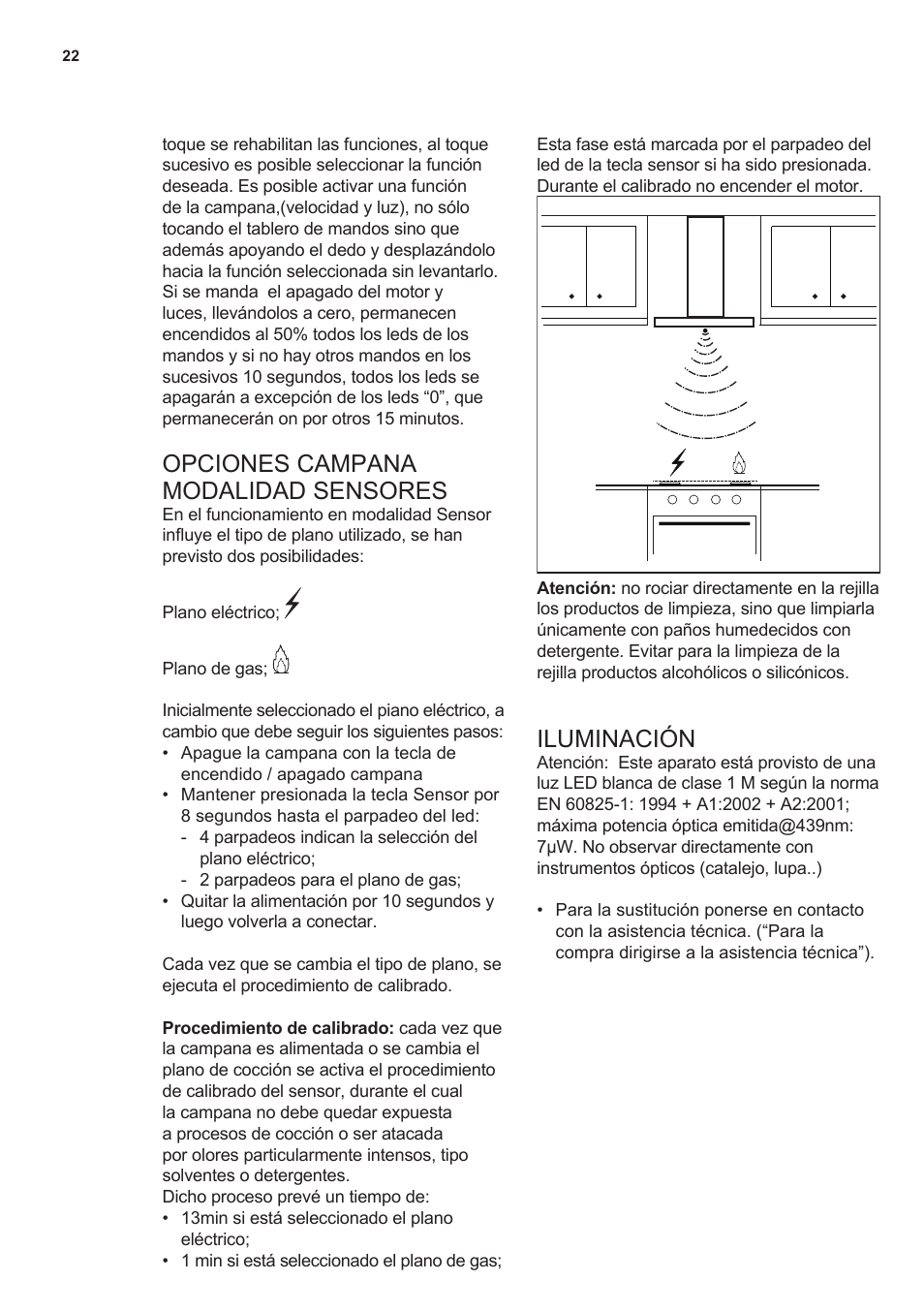 Opciones campana modalidad sensores, Iluminación | AEG DL7275-M9 User Manual | Page 22 / 72