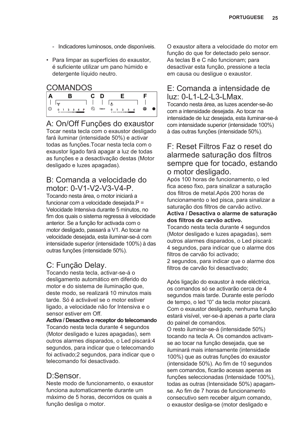 Comandos, A: on/off funções do exaustor, C: função delay | D:sensor, E: comanda a intensidade de luz: 0-l1-l2-l3-lmax | AEG DL7275-M9 User Manual | Page 25 / 72