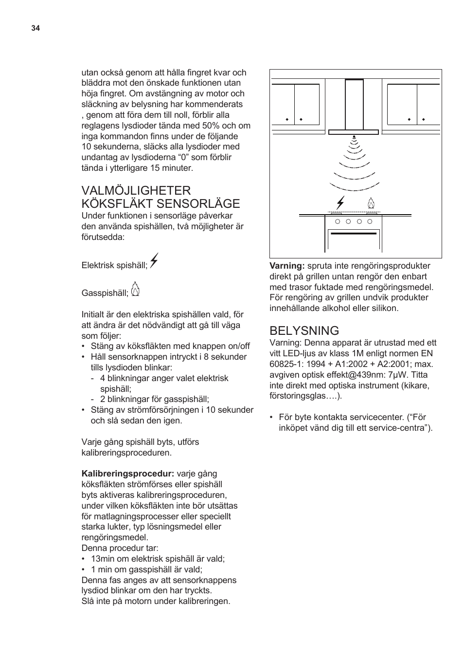 Valmöjligheter köksfläkt sensorläge, Belysning | AEG DL7275-M9 User Manual | Page 34 / 72