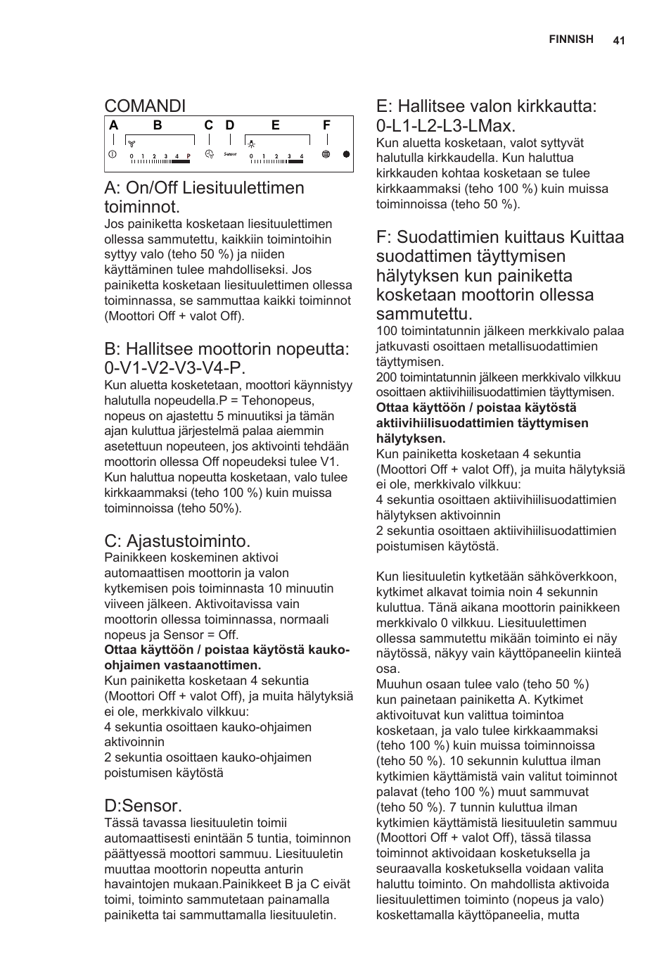 Comandi, A: on/off liesituulettimen toiminnot, C: ajastustoiminto | D:sensor, E: hallitsee valon kirkkautta: 0-l1-l2-l3-lmax | AEG DL7275-M9 User Manual | Page 41 / 72