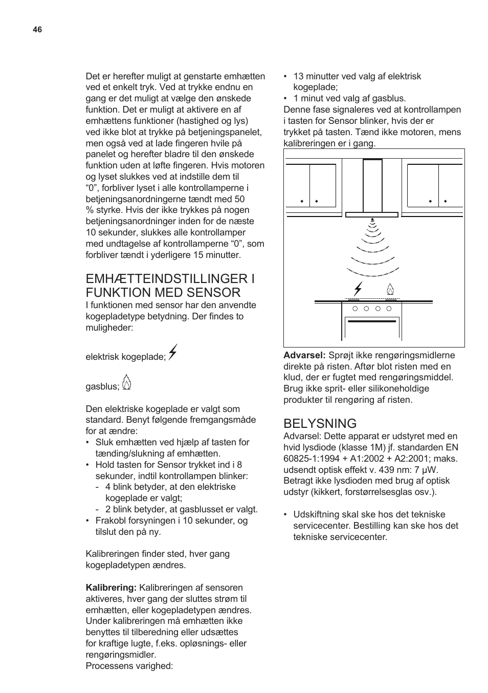 Emhætteindstillinger i funktion med sensor, Belysning | AEG DL7275-M9 User Manual | Page 46 / 72