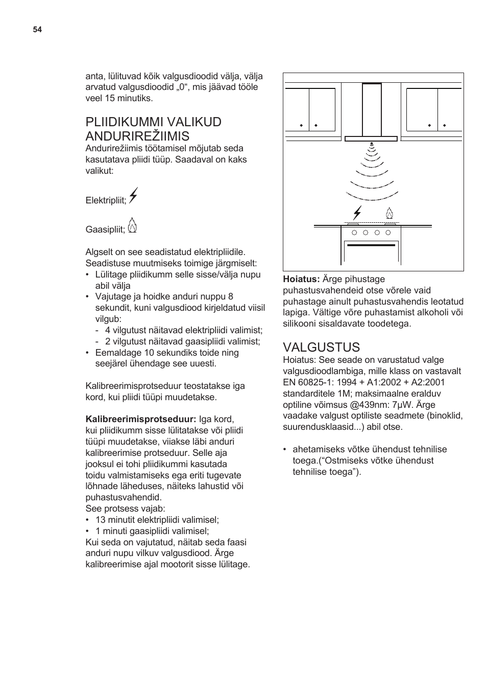 Pliidikummi valikud andurirežiimis, Valgustus | AEG DL7275-M9 User Manual | Page 54 / 72