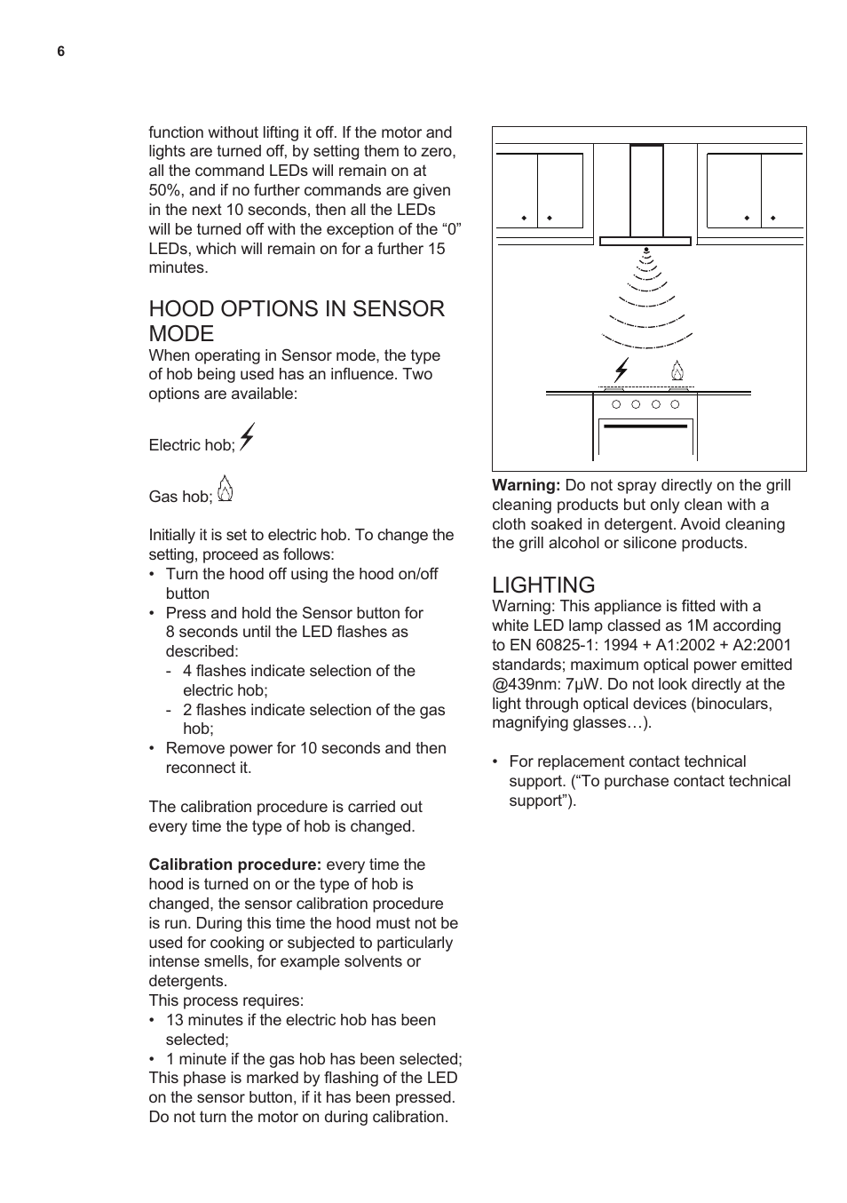 Hood options in sensor mode, Lighting | AEG DL7275-M9 User Manual | Page 6 / 72