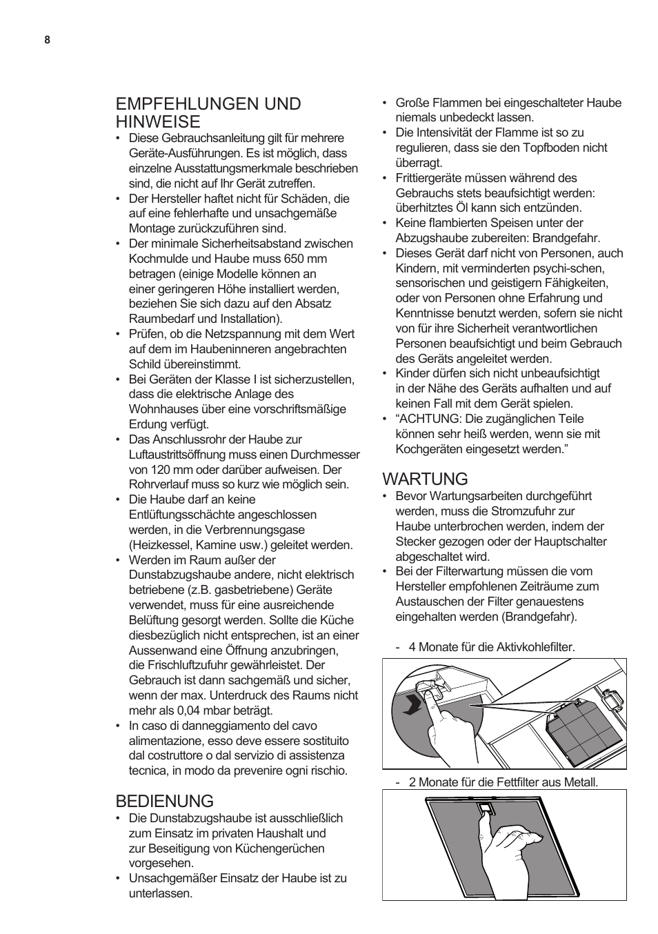 Empfehlungen und hinweise, Bedienung, Wartung | AEG DL7275-M9 User Manual | Page 8 / 72