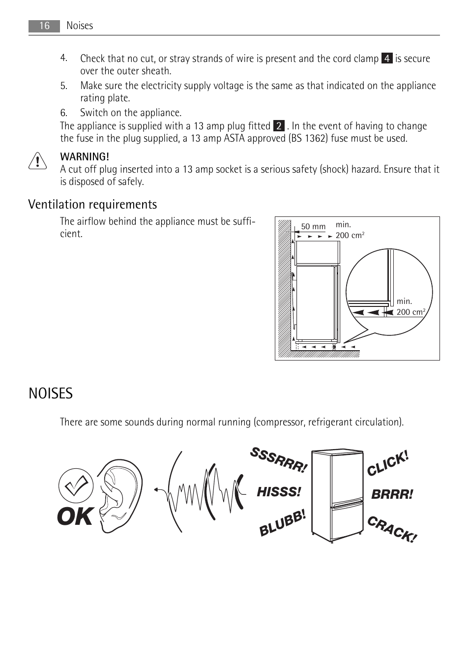 Noises, Ventilation requirements | AEG AGN58210F0 User Manual | Page 16 / 20
