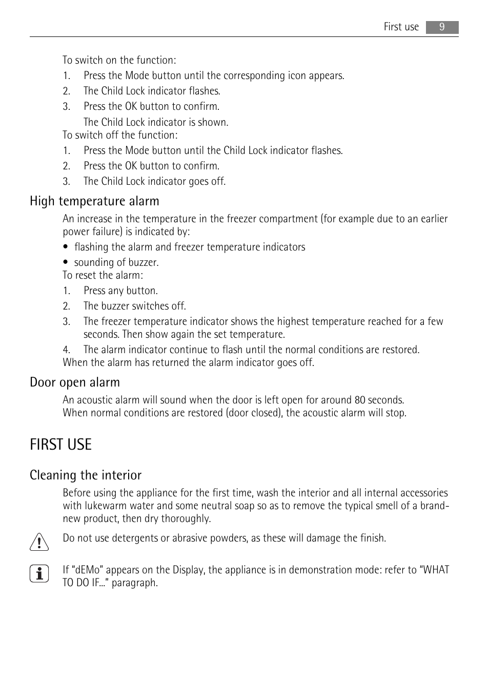 First use, High temperature alarm, Door open alarm | Cleaning the interior | AEG AGN58210F0 User Manual | Page 9 / 20