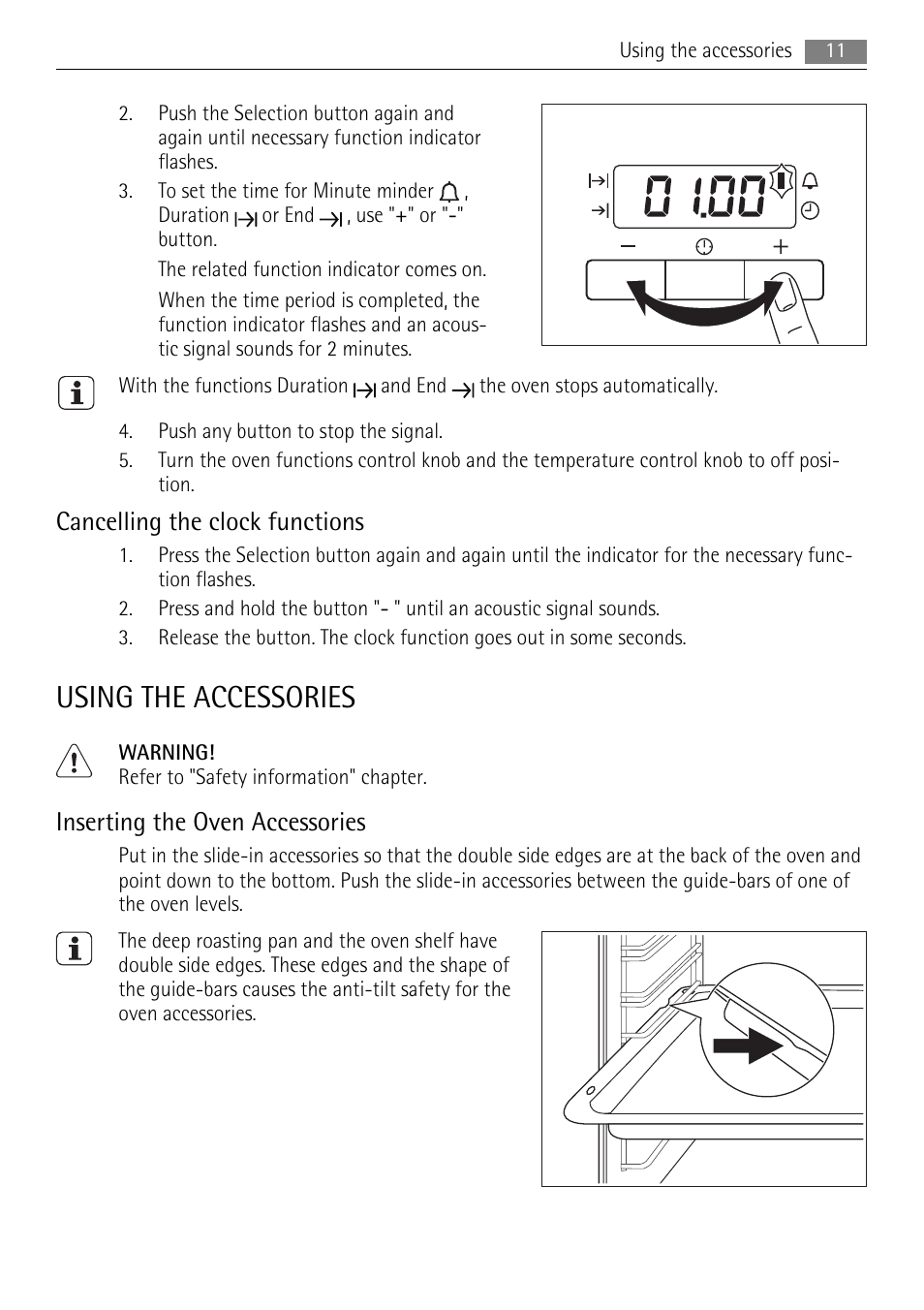 Using the accessories, Cancelling the clock functions, Inserting the oven accessories | AEG DE4003020M User Manual | Page 11 / 28
