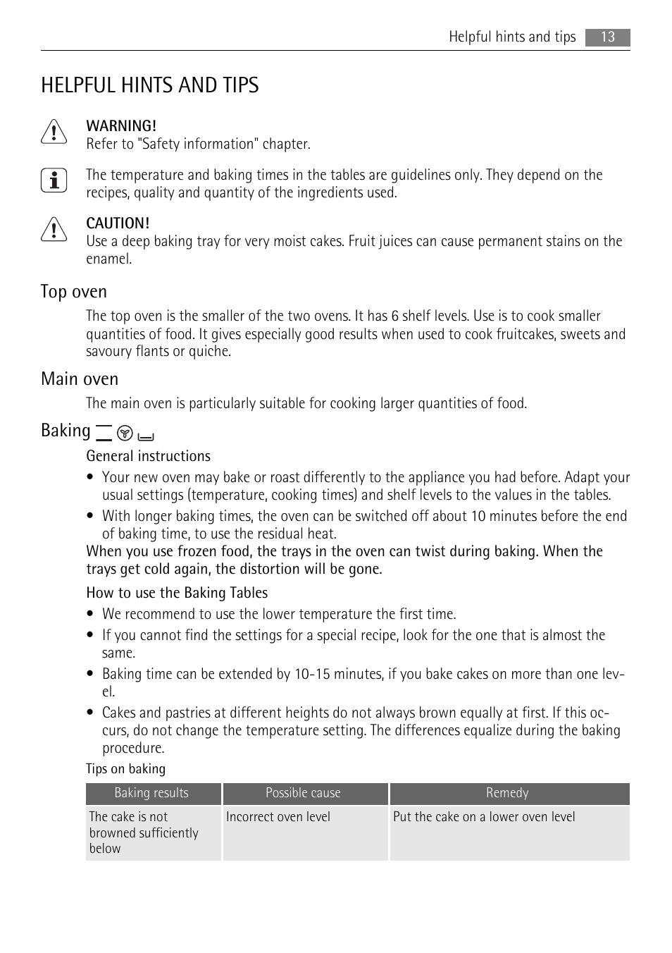 Helpful hints and tips, Top oven, Main oven | Baking | AEG DE4003020M User Manual | Page 13 / 28