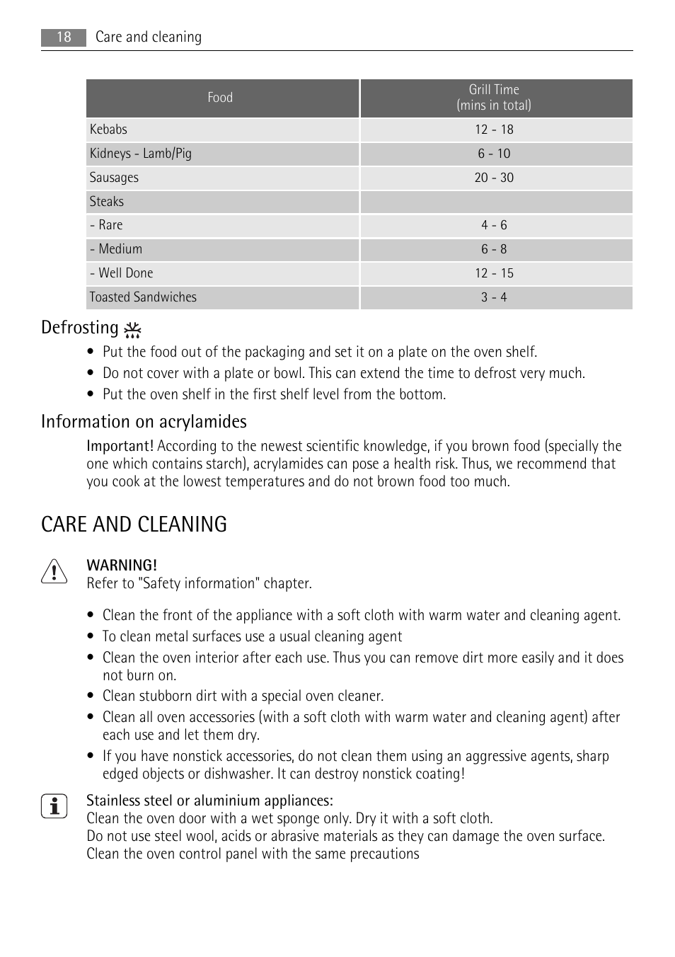 Care and cleaning, Defrosting, Information on acrylamides | AEG DE4003020M User Manual | Page 18 / 28