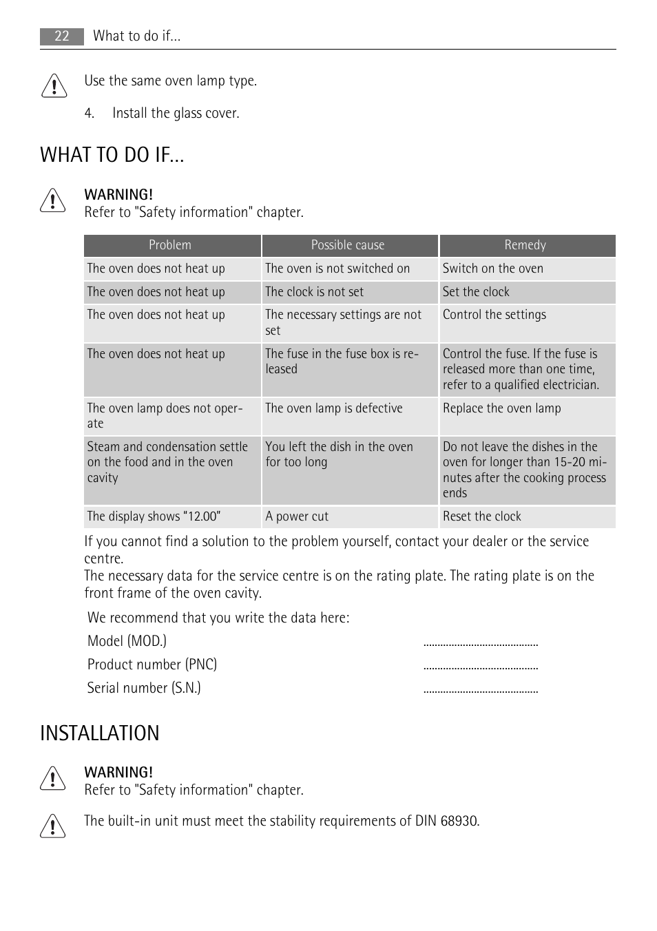 What to do if, Installation | AEG DE4003020M User Manual | Page 22 / 28