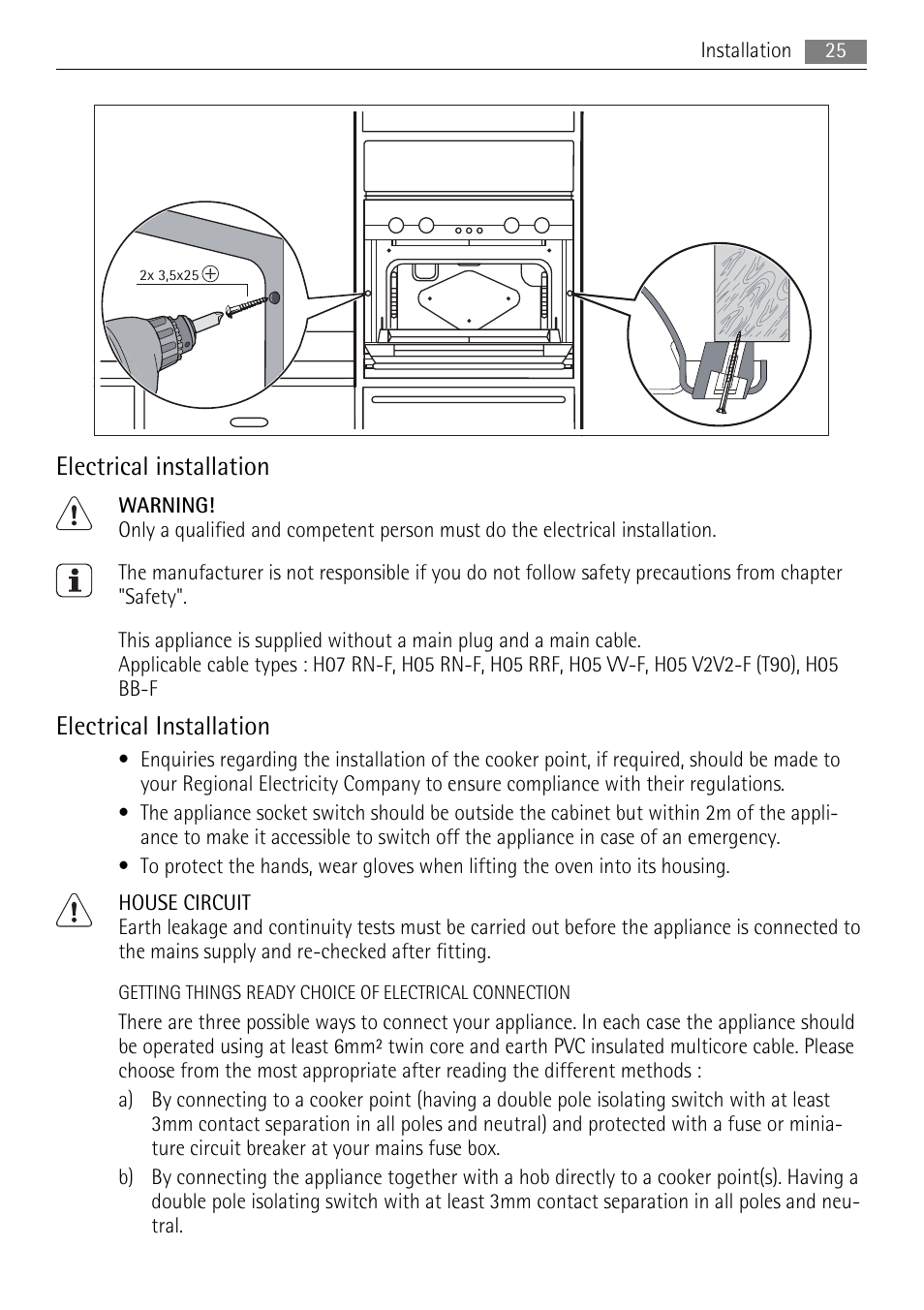 Electrical installation | AEG DE4003020M User Manual | Page 25 / 28