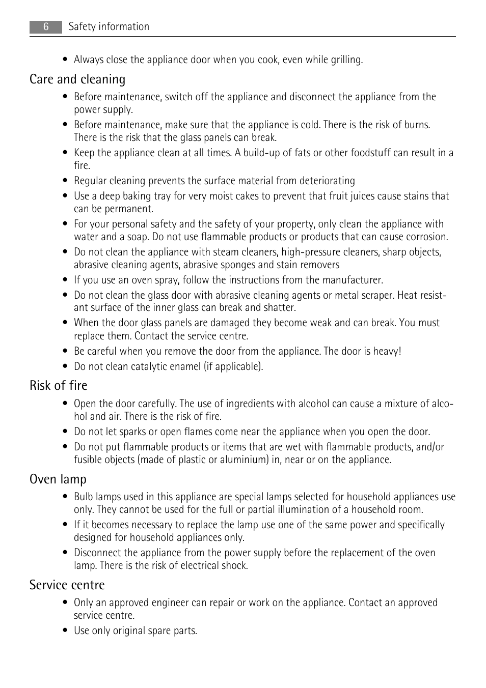 Care and cleaning, Risk of fire, Oven lamp | Service centre | AEG DE4003020M User Manual | Page 6 / 28