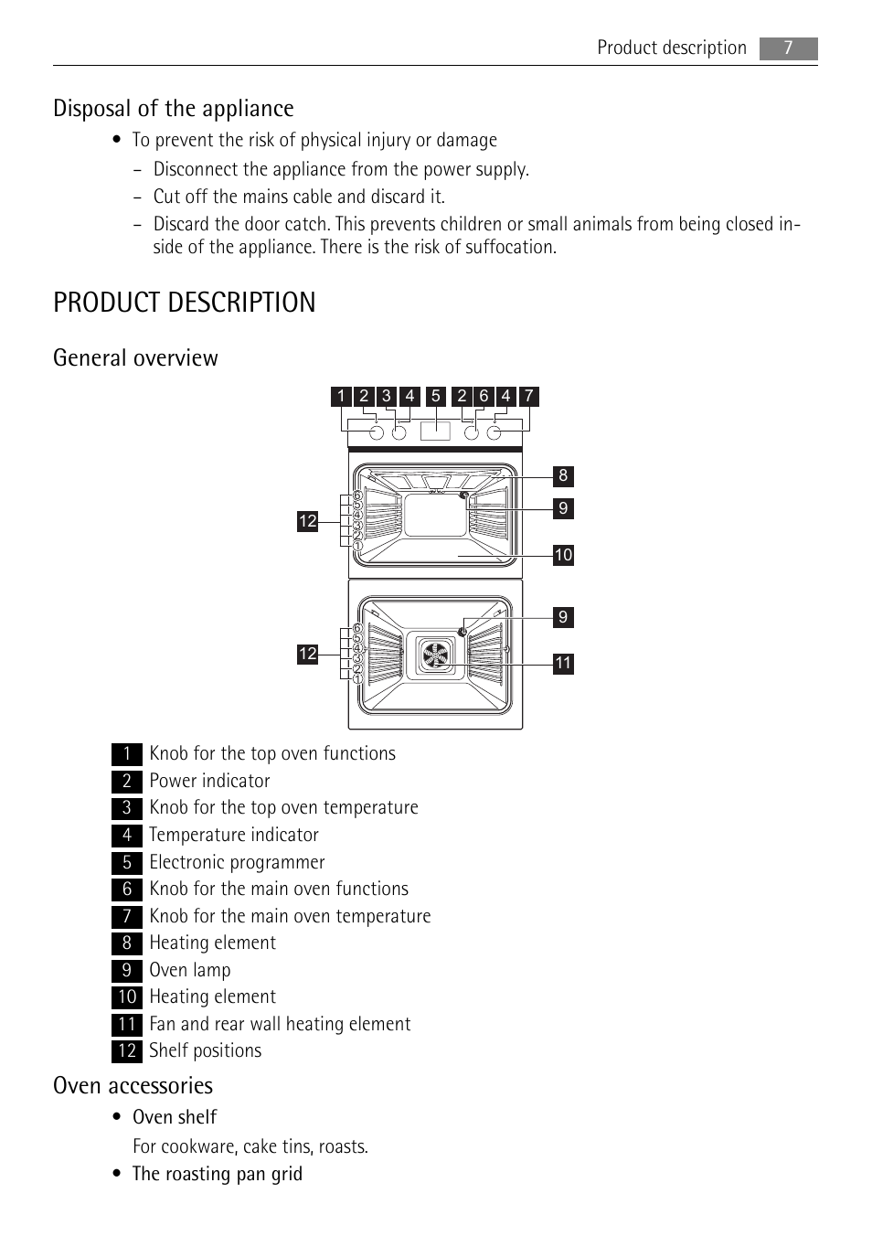 Product description, Disposal of the appliance, General overview | Oven accessories | AEG DE4003020M User Manual | Page 7 / 28