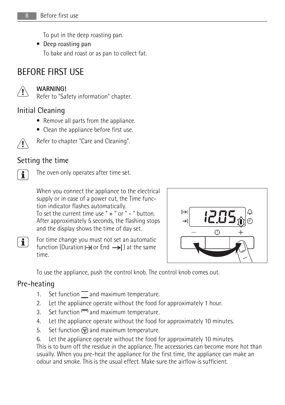 Before first use, Initial cleaning, Setting the time | Pre-heating | AEG DE4003020M User Manual | Page 8 / 28