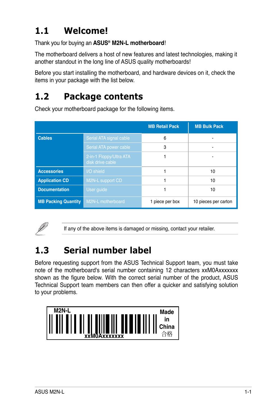 1 welcome, 2 package contents, 3 serial number label | Asus M2N-L User Manual | Page 15 / 108