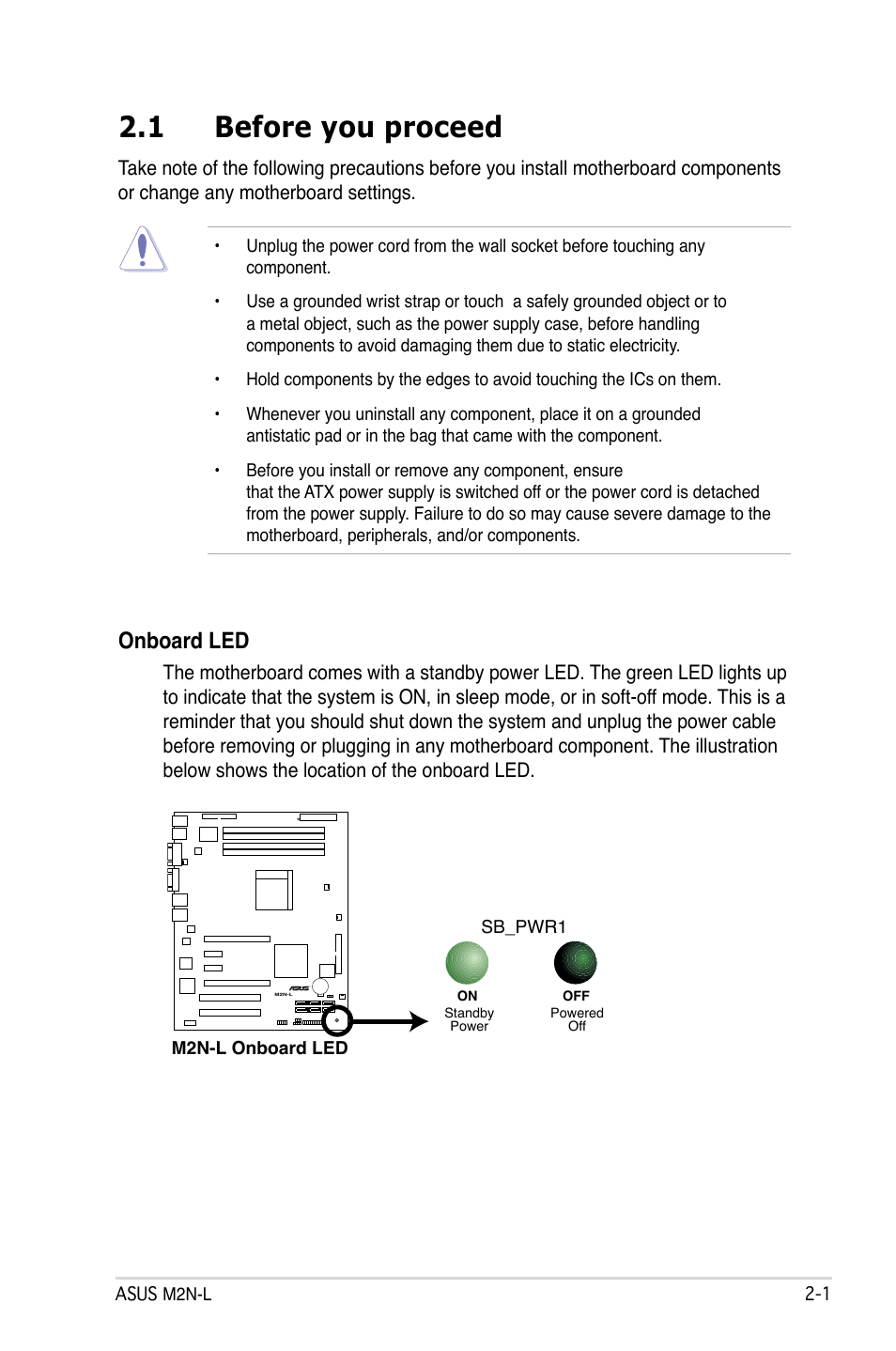 1 before you proceed, Onboard led | Asus M2N-L User Manual | Page 21 / 108
