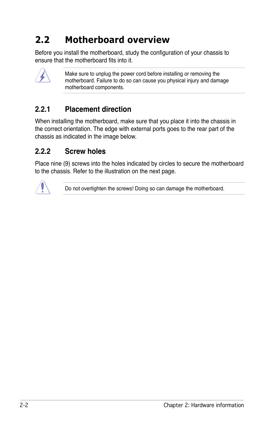 2 motherboard overview, 1 placement direction, 2 screw holes | Asus M2N-L User Manual | Page 22 / 108