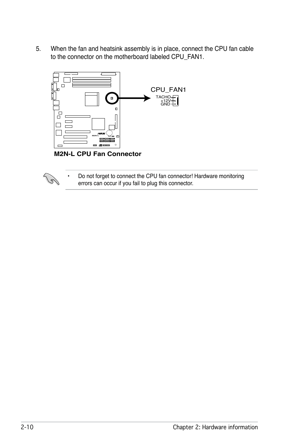 M2n-l cpu fan connector, Cpu_fan1, 0 chapter 2: hardware information | Asus M2N-L User Manual | Page 30 / 108