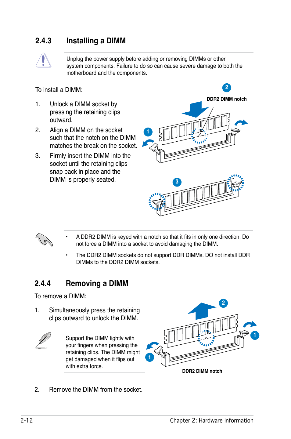3 installing a dimm, 4 removing a dimm | Asus M2N-L User Manual | Page 32 / 108