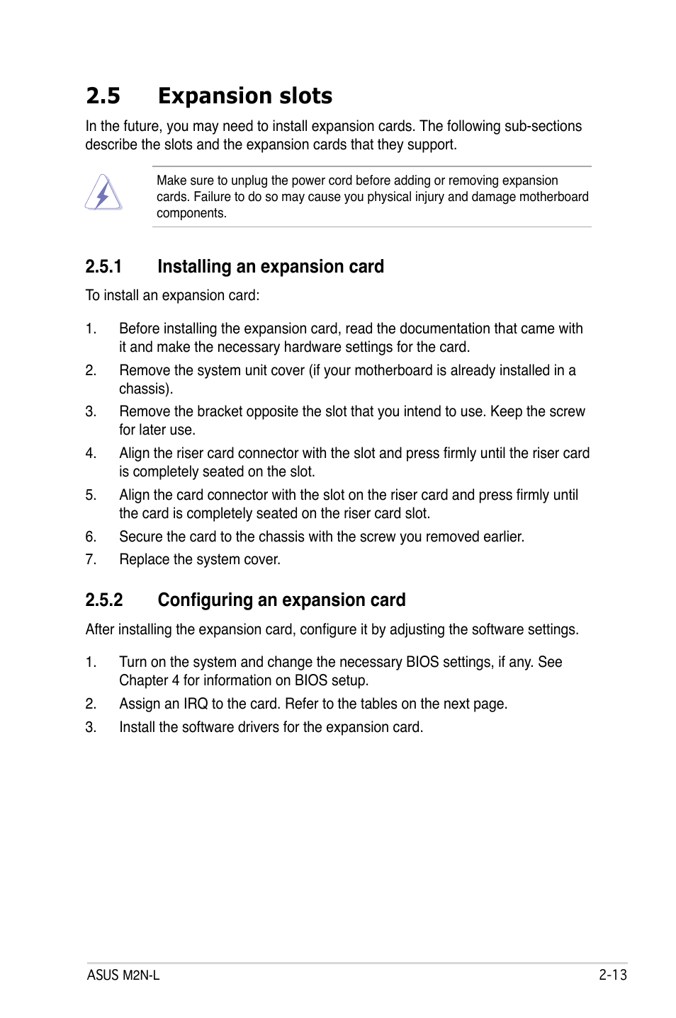 5 expansion slots, 1 installing an expansion card, 2 configuring an expansion card | Asus M2N-L User Manual | Page 33 / 108