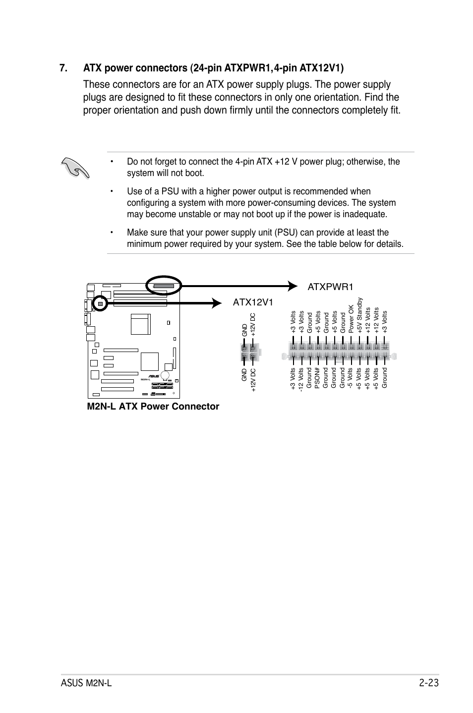 Asus m2n-l 2-2, M2n-l atx power connector, Atxpwr1 atx12v1 | Asus M2N-L User Manual | Page 43 / 108