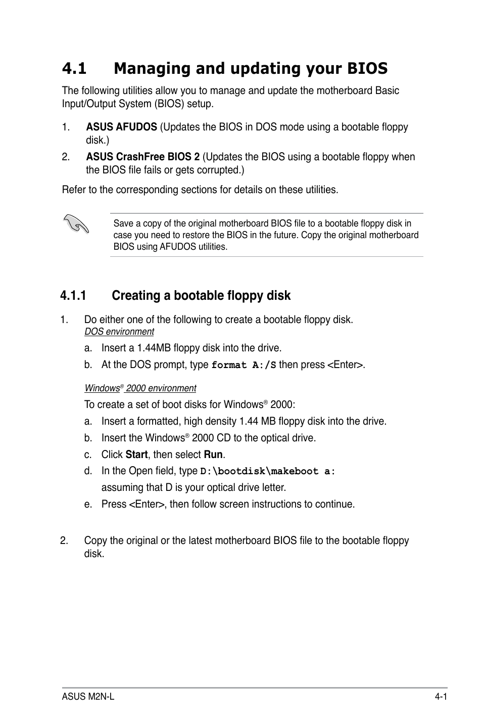 1 managing and updating your bios, 1 creating a bootable floppy disk | Asus M2N-L User Manual | Page 51 / 108