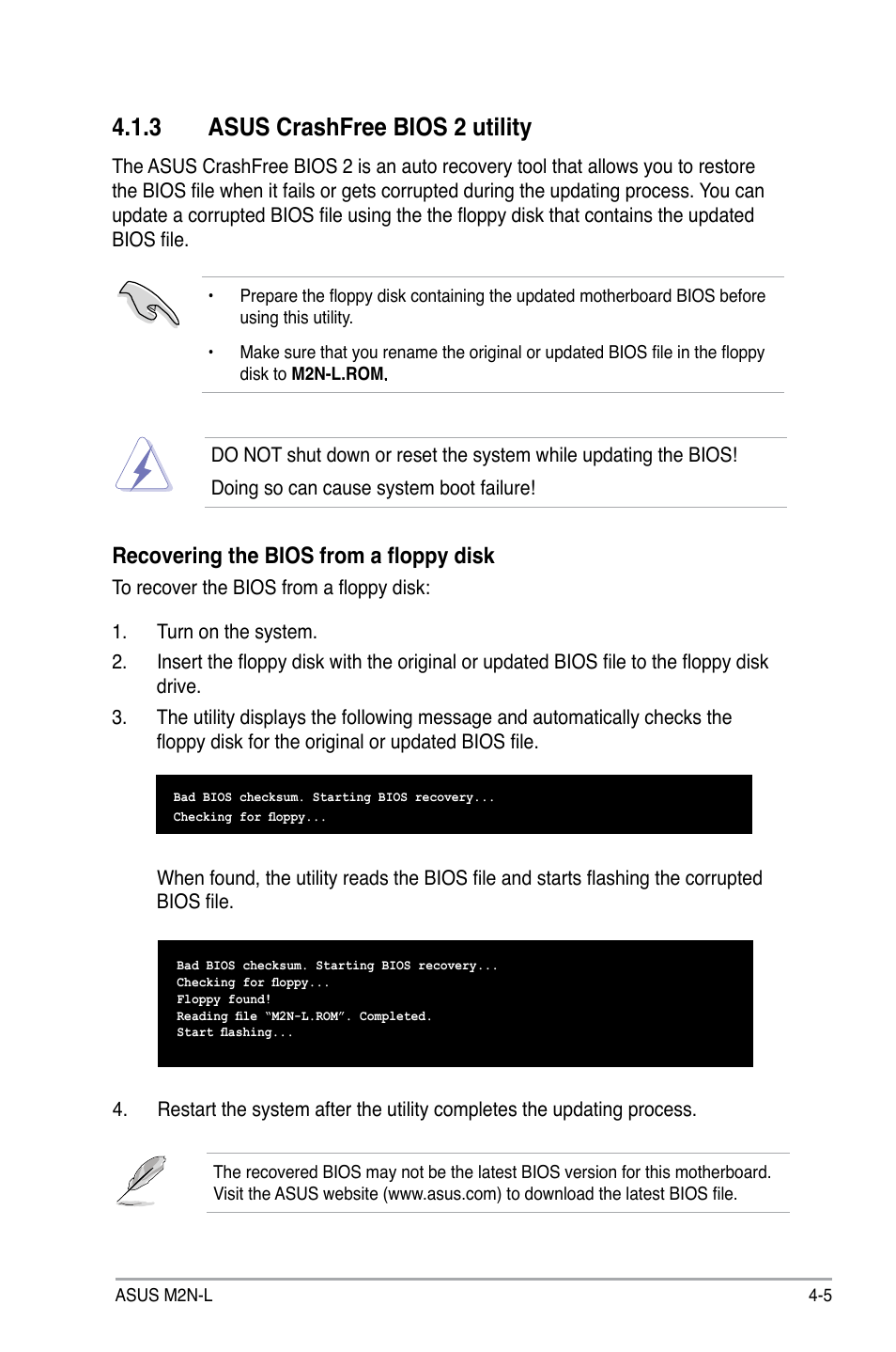 3 asus crashfree bios 2 utility, Recovering the bios from a floppy disk | Asus M2N-L User Manual | Page 55 / 108