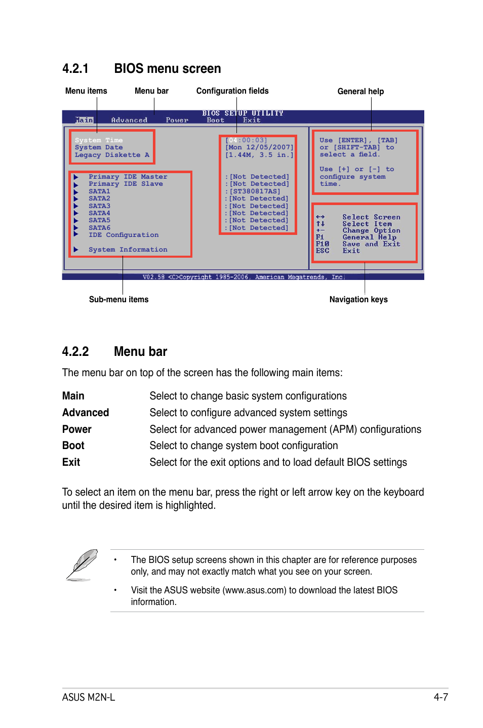 2 menu bar, 1 bios menu screen, 1 bios menu screen 4.2.2 menu bar | Asus M2N-L User Manual | Page 57 / 108
