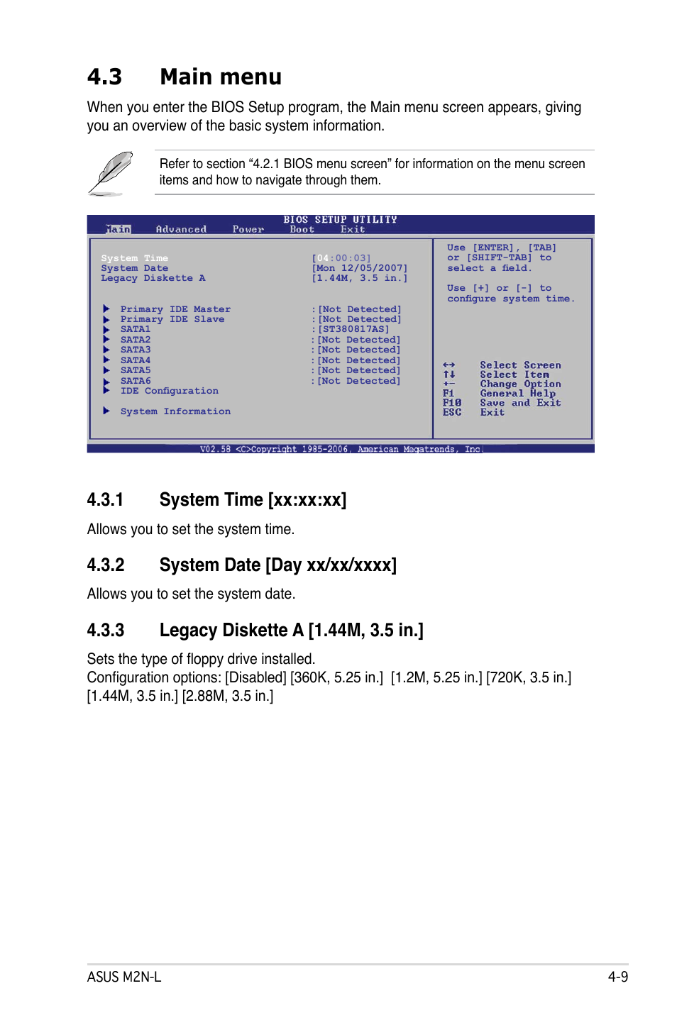 3 main menu, 1 system time, 2 system date | 3 legacy diskette a, 1 system time [xx:xx:xx, Allows you to set the system time, Allows you to set the system date | Asus M2N-L User Manual | Page 59 / 108