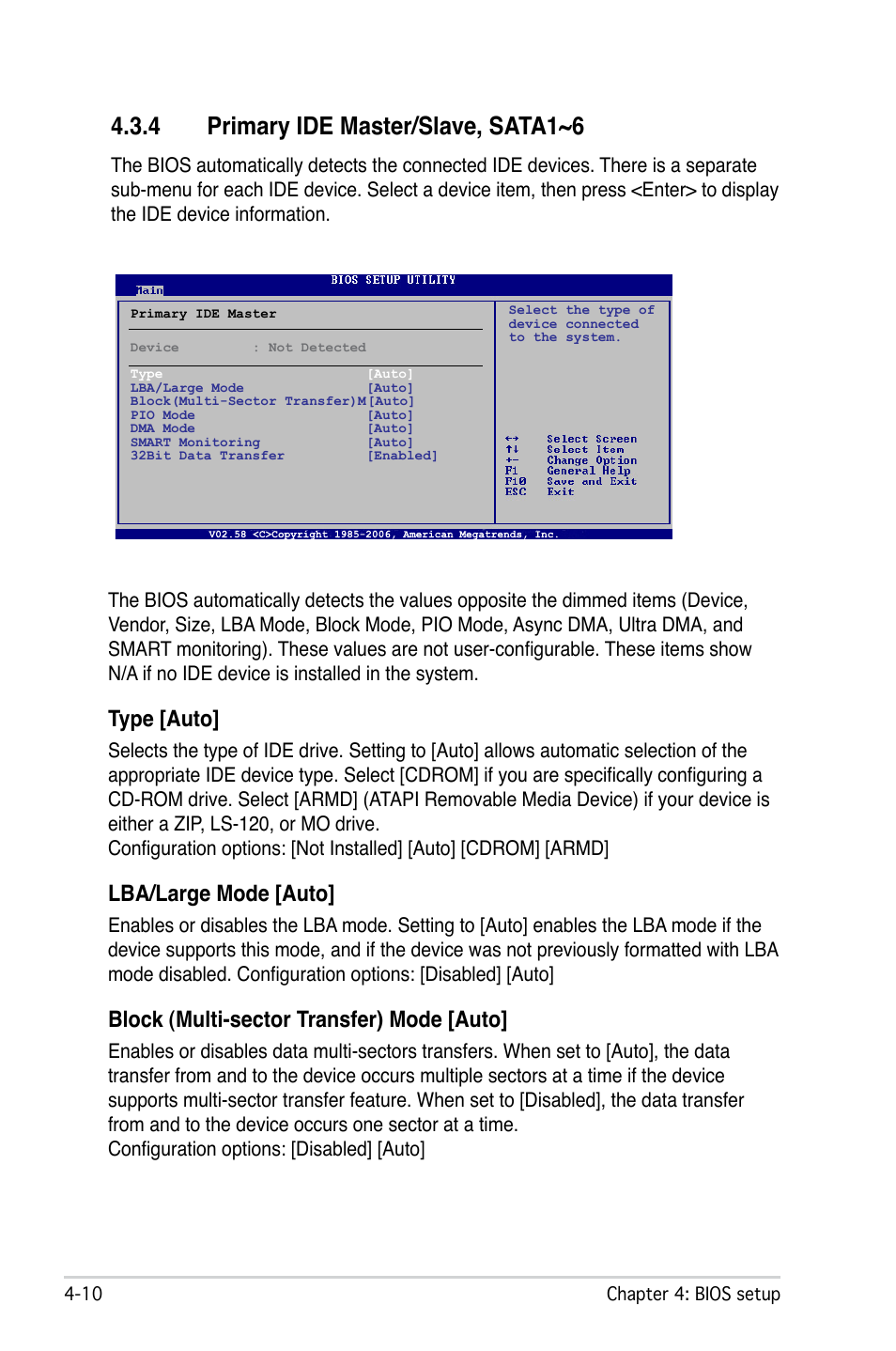 4 primary ide master/slave, sata1~6, Type [auto, Lba/large mode [auto | Block (multi-sector transfer) mode [auto | Asus M2N-L User Manual | Page 60 / 108