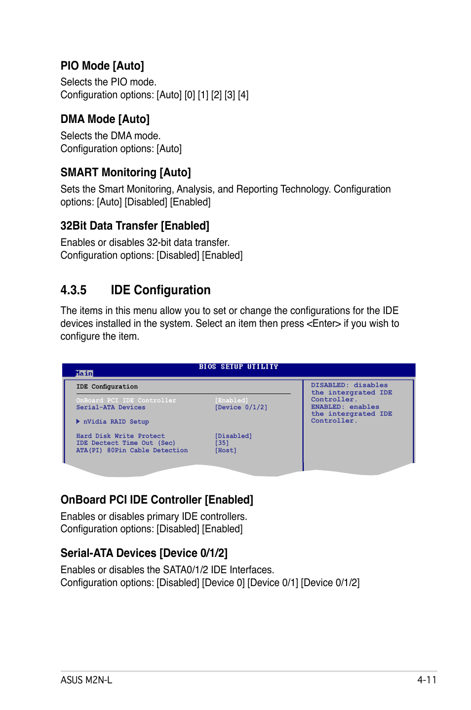 5 ide configuration, Pio mode [auto, Dma mode [auto | Smart monitoring [auto, 32bit data transfer [enabled, Onboard pci ide controller [enabled, Serial-ata devices [device 0/1/2 | Asus M2N-L User Manual | Page 61 / 108