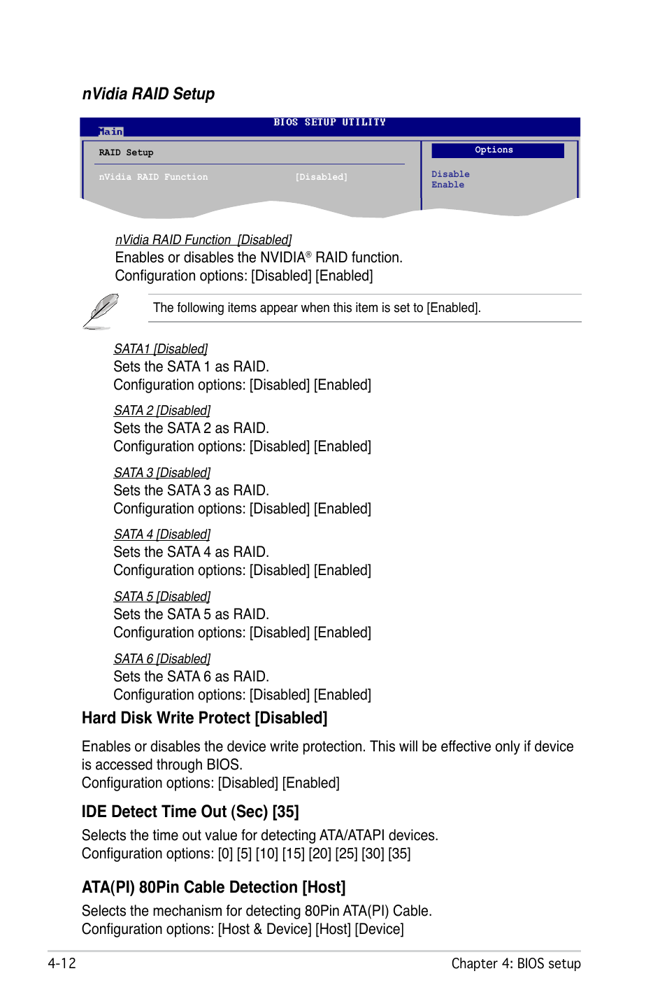 Hard disk write protect [disabled, Ide detect time out (sec) [35, Ata(pi) 80pin cable detection [host | Nvidia raid setup | Asus M2N-L User Manual | Page 62 / 108