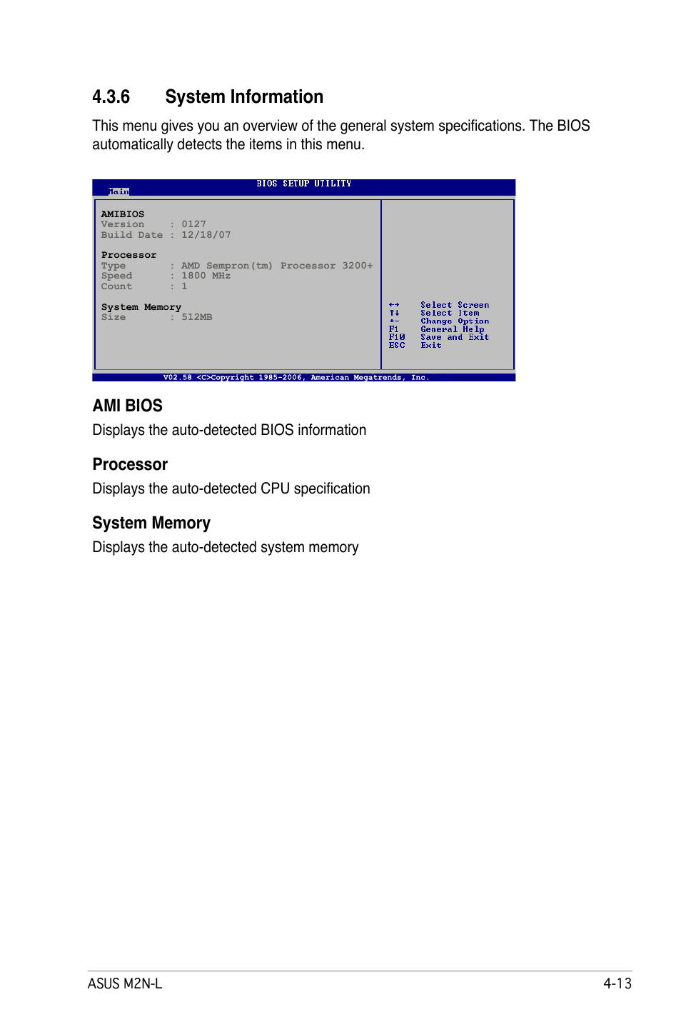 6 system information, Ami bios, Processor | Asus M2N-L User Manual | Page 63 / 108
