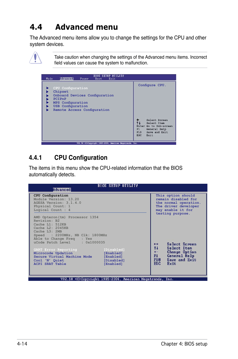 4 advanced menu, 1 cpu configuration | Asus M2N-L User Manual | Page 64 / 108